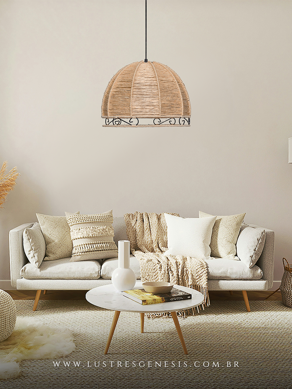 Lumin&aacute;ria Pendente Palha Coroa Grande Bege Natural Modelo R&uacute;stico 36cm para Sala de Jantar Sala de Estar Quarto Living